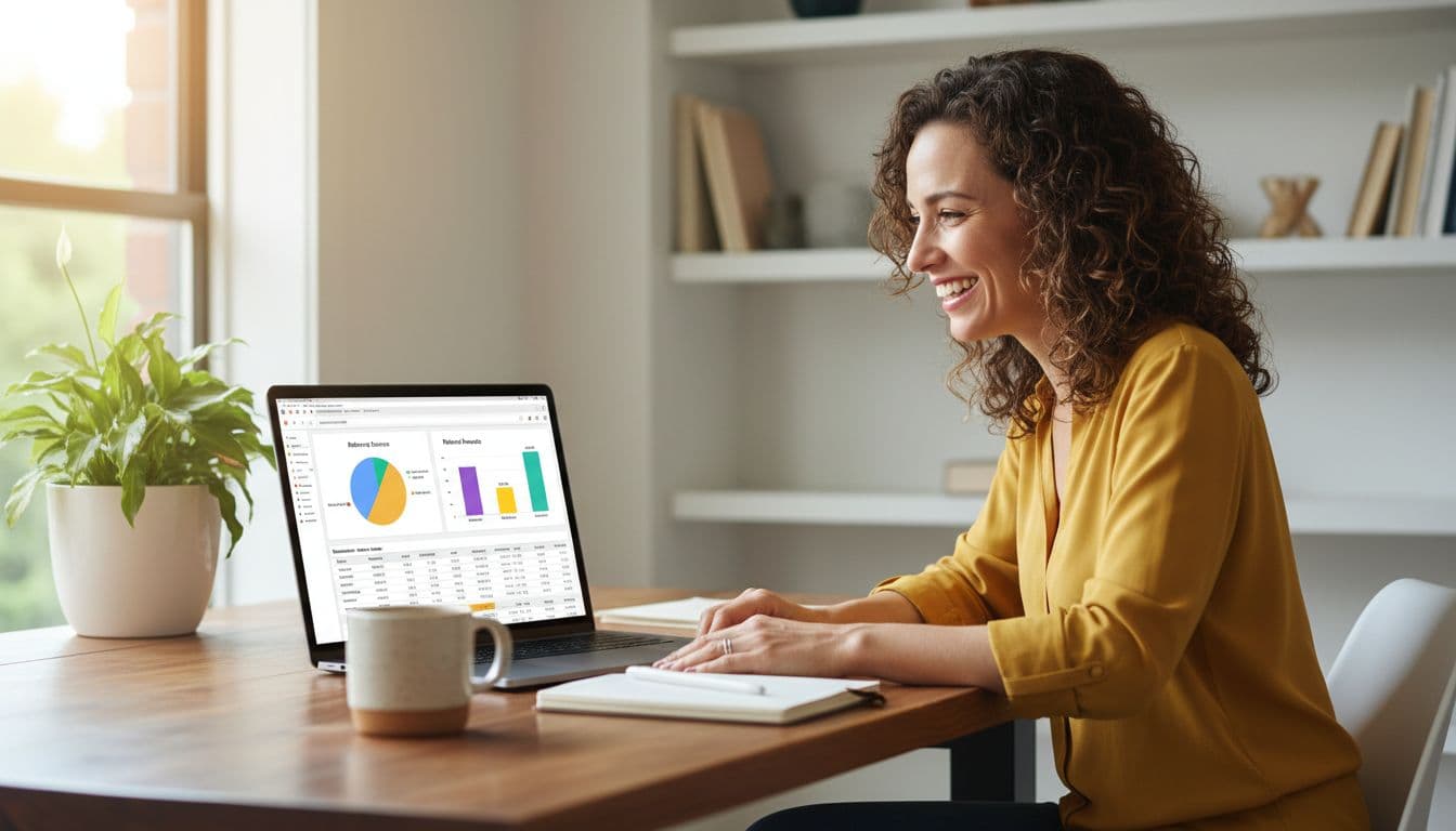 Smiling small business owner at home office desk views laptop screen showing Google Sheets dashboard with referral source and reward charts.