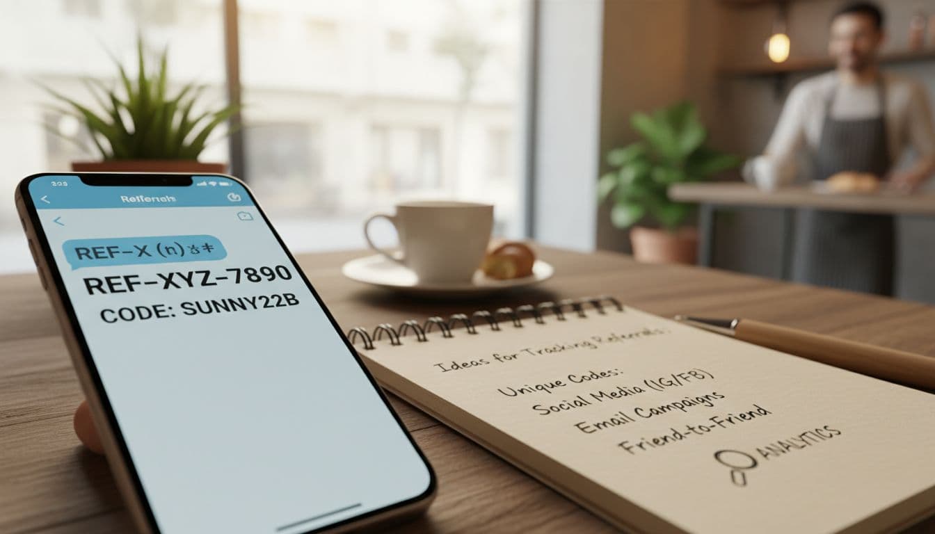 Close-up of angled smartphone screen showing referral code text message next to notepad with notes in cafe.