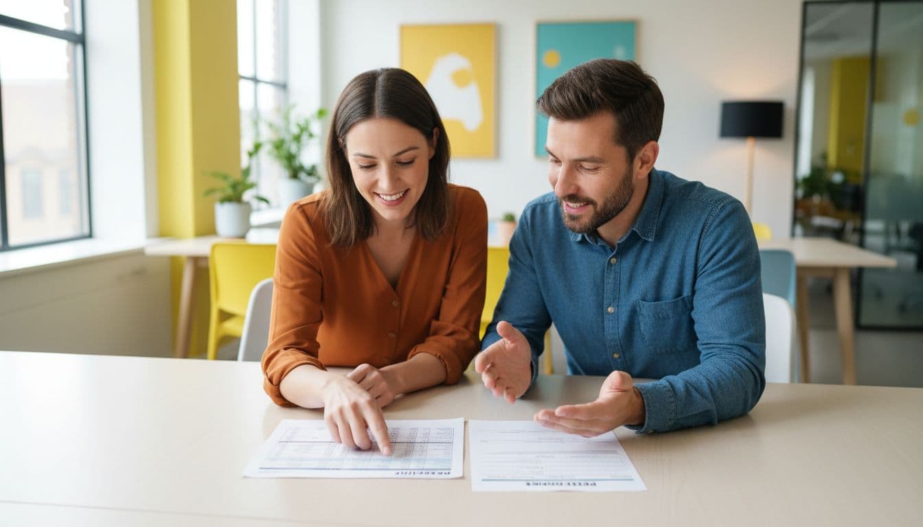 Two colleagues in modern office lean over printed referral form and spreadsheet.
