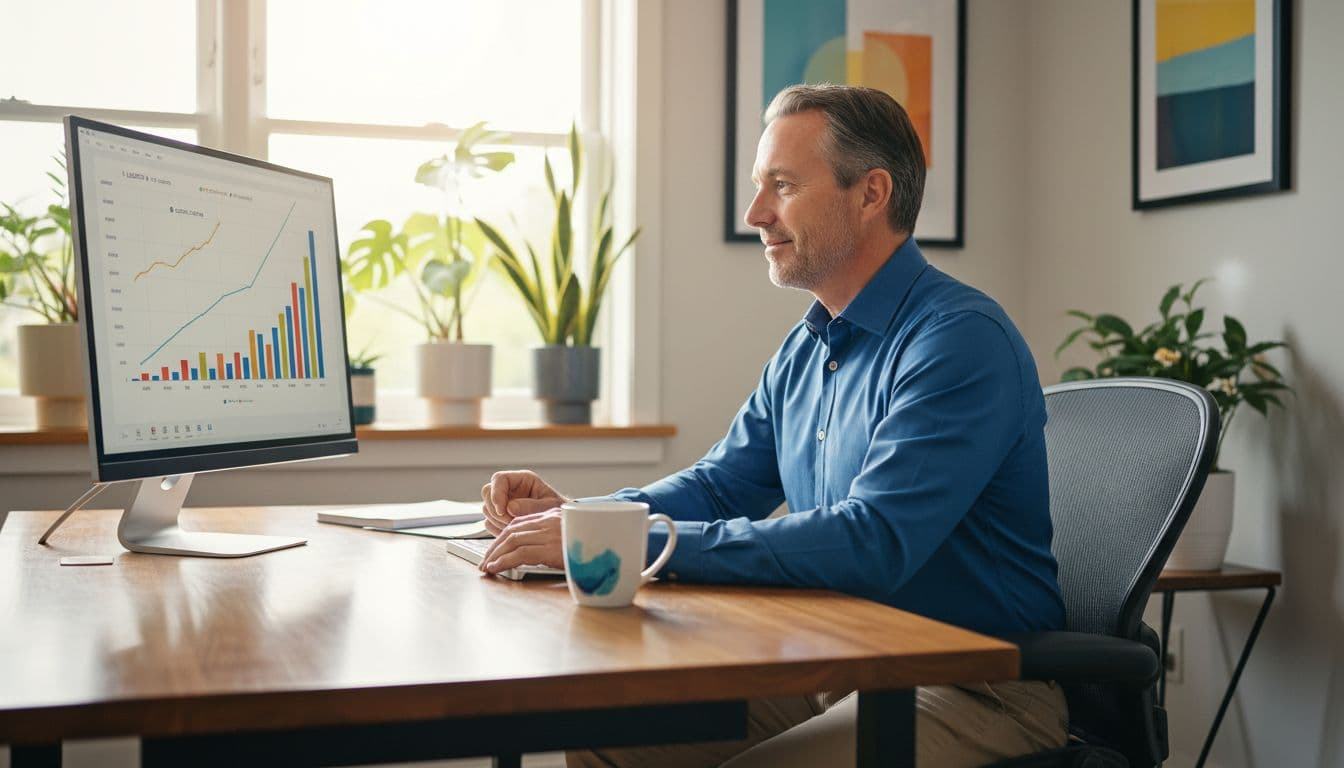 Middle-aged Australian man in sunny home office reviews rising lead and conversion charts on desktop.