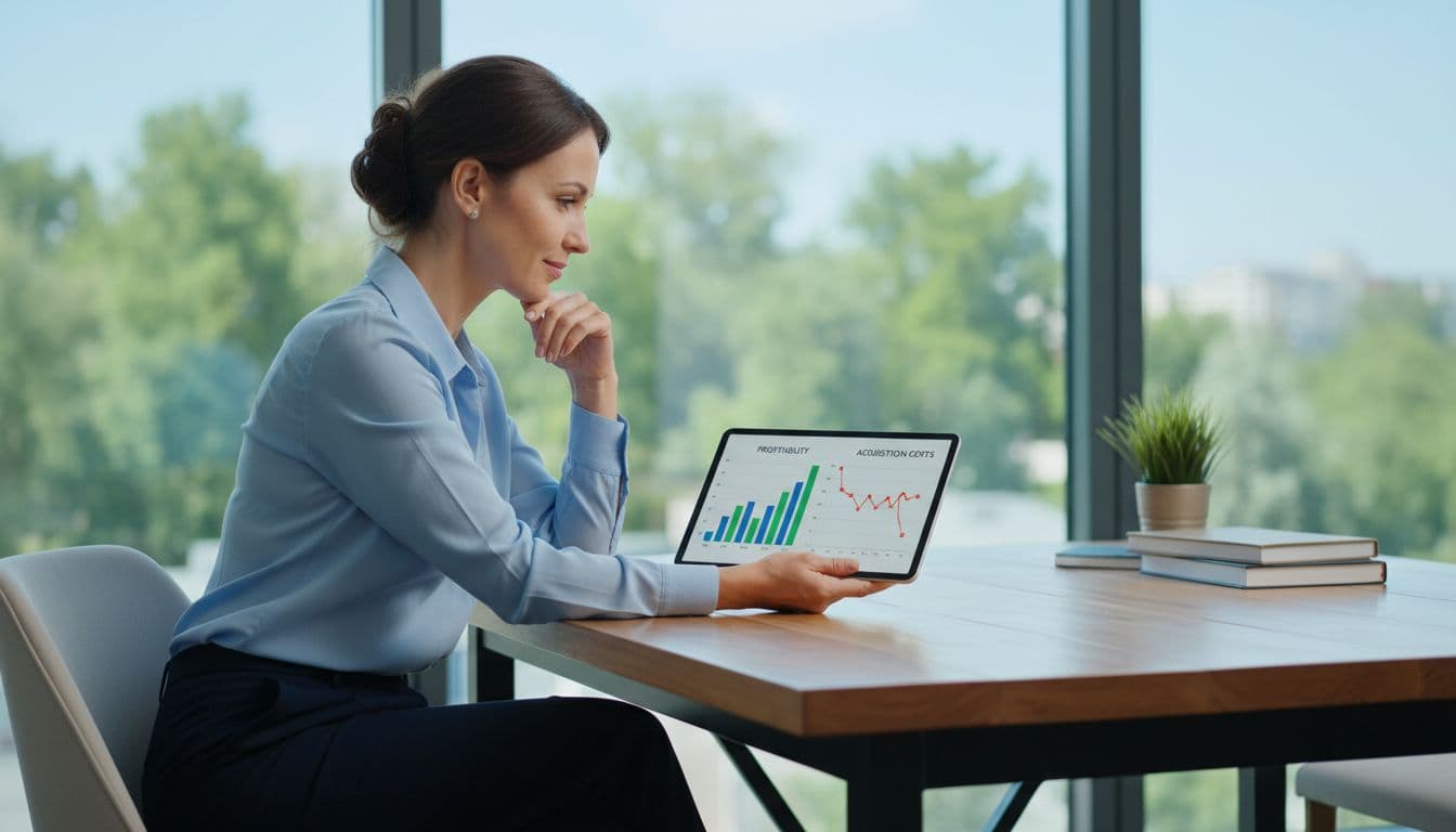 A business owner sits at a desk reviewing financial charts on a tablet in a bright office.