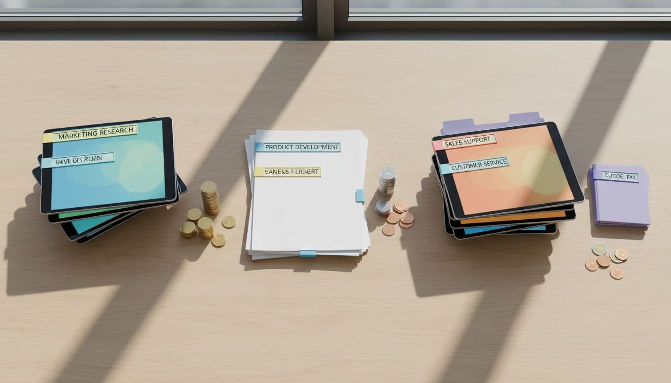 Stacks of coins sit beside document piles on a bright desk representing distinct service costs.