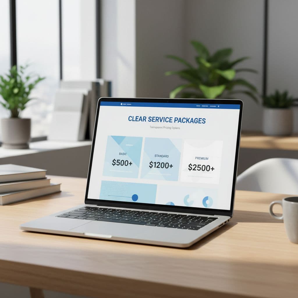 A laptop displays service packages and pricing options in a sunlit modern home office.