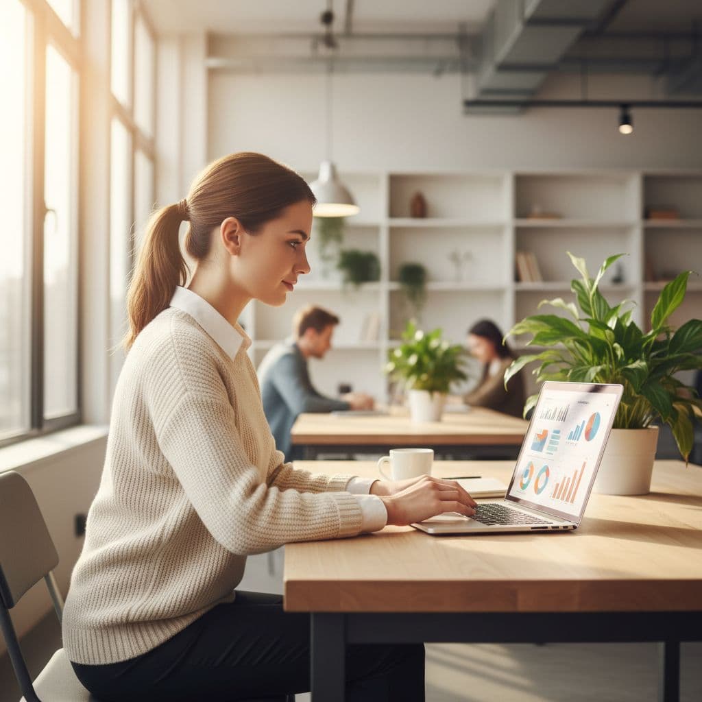 A confident young professional reviews information on a laptop within a bright, modern office space.