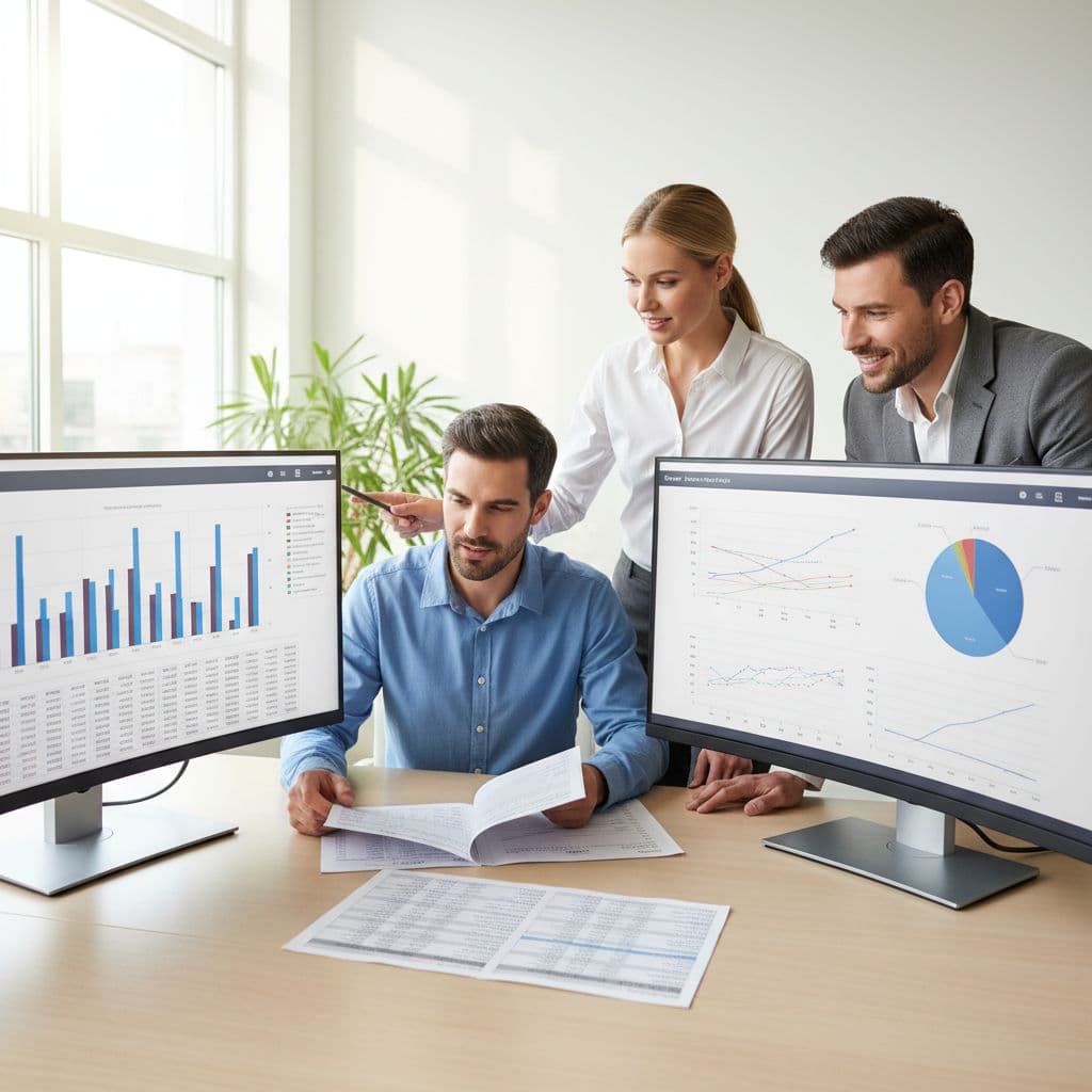 Three professionals analyze financial reports and marketing performance metrics on computer monitors in a modern office.