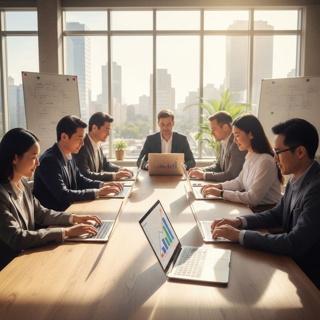 A diverse group of professionals examines data charts on a laptop inside a modern, sunlit office.