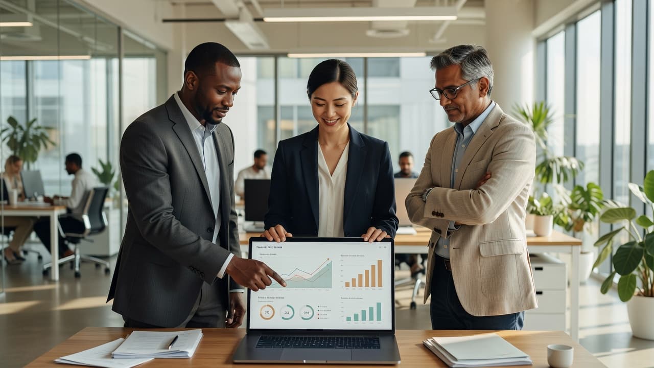 A focused professional sits at a clean desk, reviewing vibrant revenue growth metrics on a sleek laptop screen. Sunlight streams into the contemporary office space, highlighting the productive corporate environment.